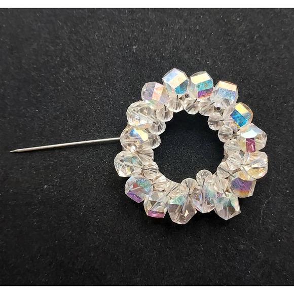 Vintage Aurora Borealis Brooch Circle Crystal Costume Jewelry - Picture 6 of 10